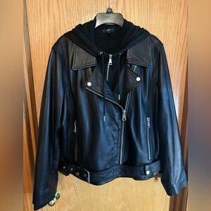 NWOT AQUA Curve Genuine Black Leather Hoodie Asymmetric Moto Jacket Size 1X Plus